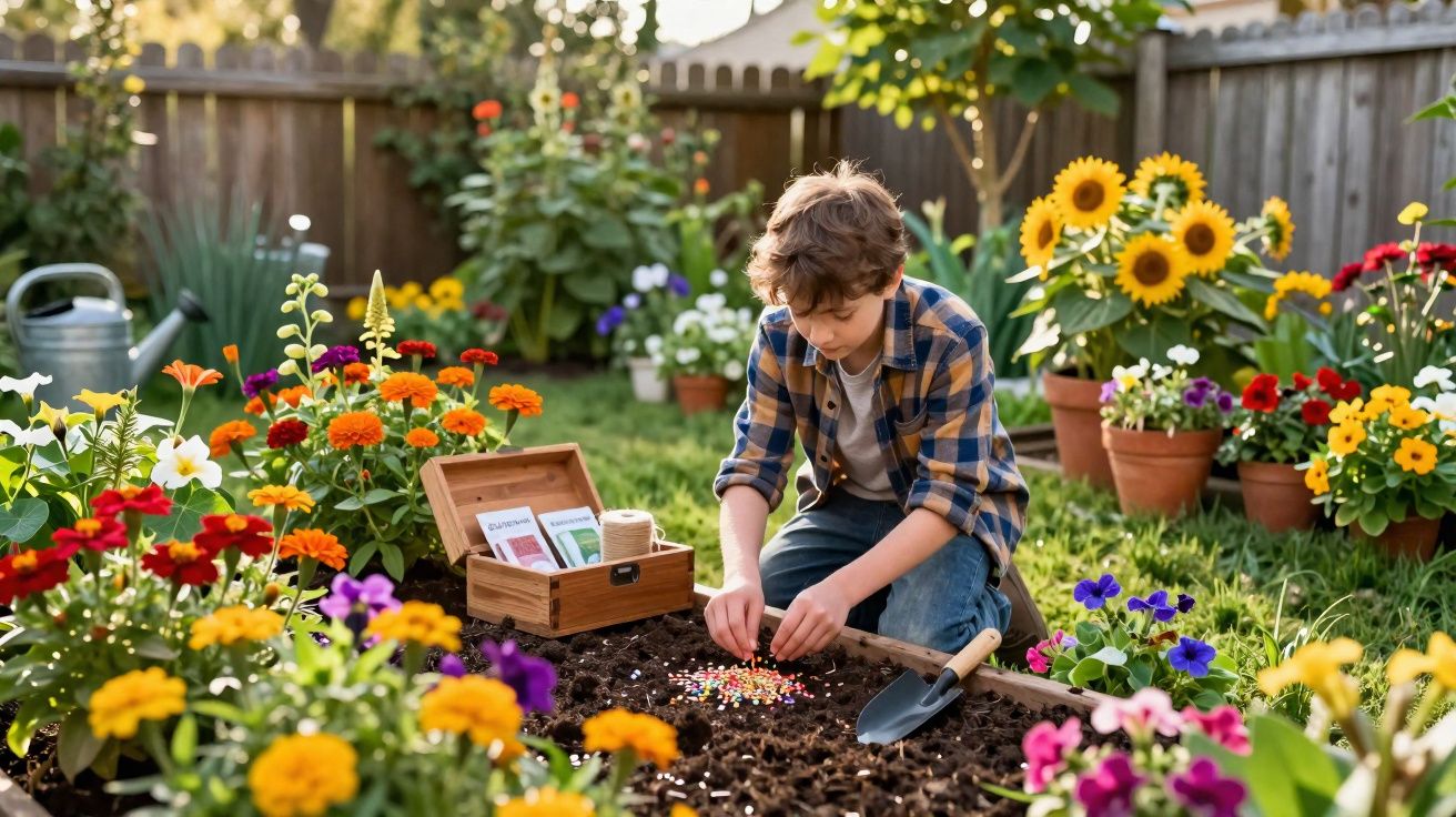 Criança plantando sementes em canteiro de jardim cercado por flores coloridas em dia ensolarado.