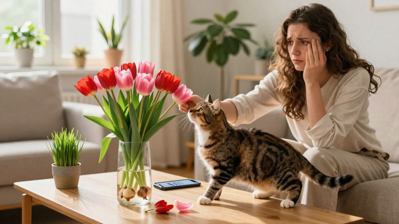 Mulher preocupada sentada no sofá acaricia gato que cheira flores vermelhas e rosas em vaso sobre a mesa.