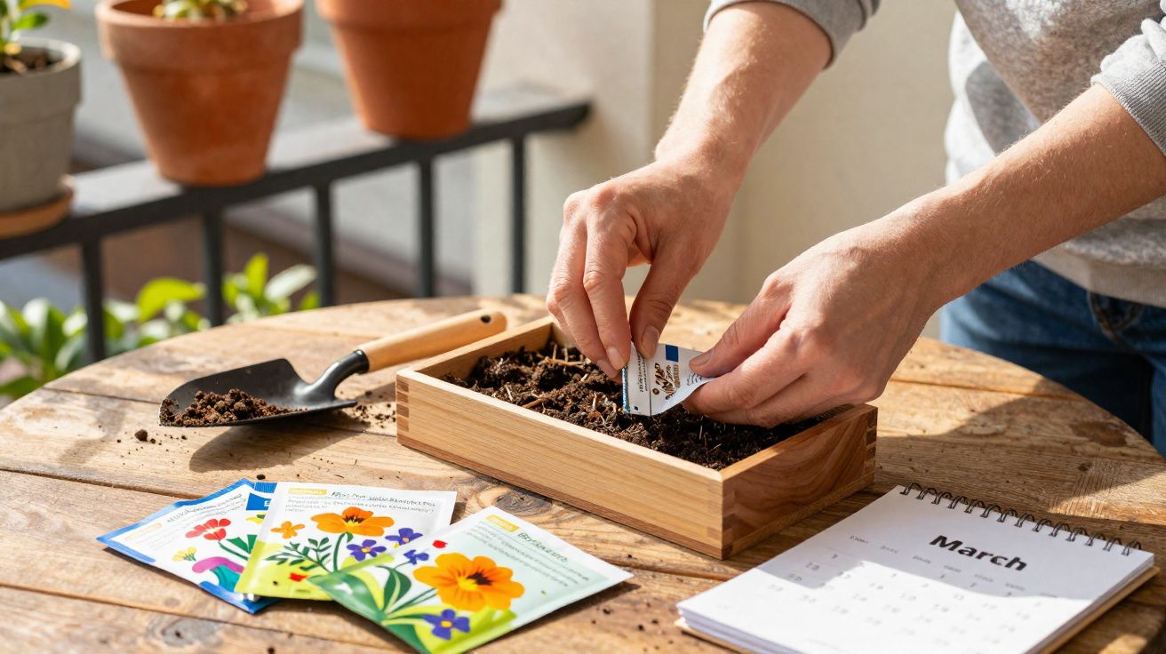 Mãos plantando sementes em caixa de madeira com pacotes de sementes e calendário de março sobre mesa de madeira.