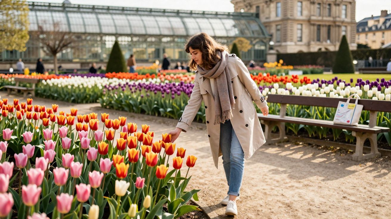 Mulher tocando flores coloridas em jardim florido ao ar livre em dia ensolarado.