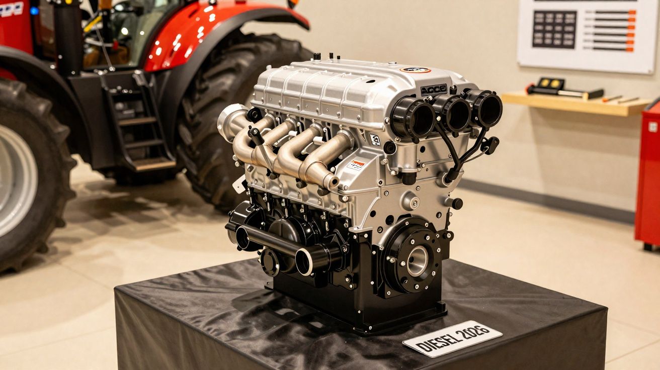 Motor diesel 2020 exposto sobre pedestal preto em ambiente interno com trator vermelho ao fundo.