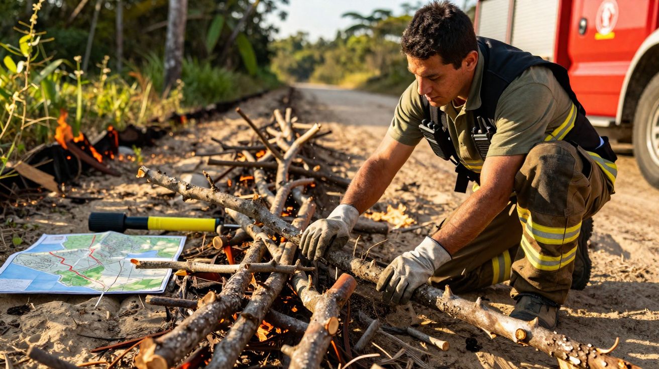Bombeiro ajoelhado organizando galhos para controlar fogo em área rural com mapa e caminhão ao fundo.