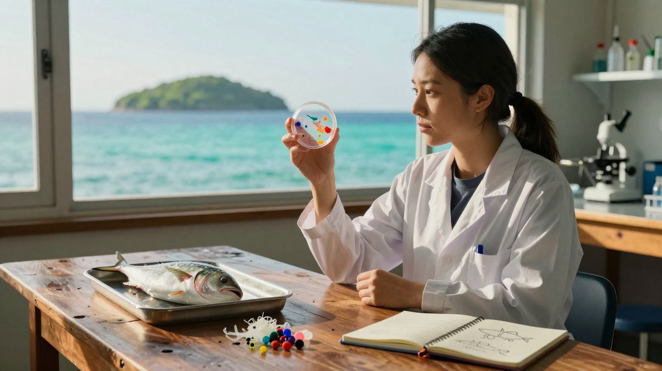 Pesquisadora em laboratório à beira-mar observa placa de Petri com amostras ao lado de peixe e caderno.