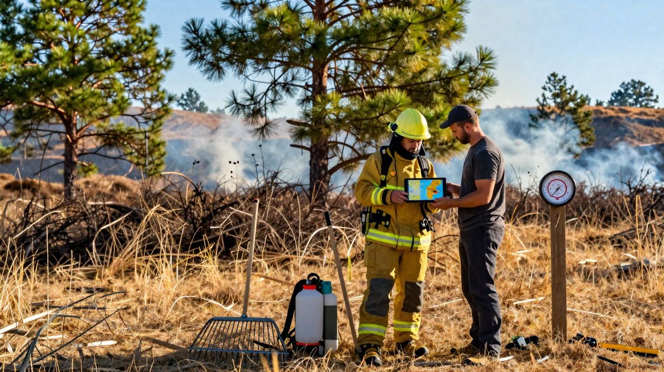 Bombeiro e homem analisam mapa em tablet em área seca com fumaça e ferramentas no solo.