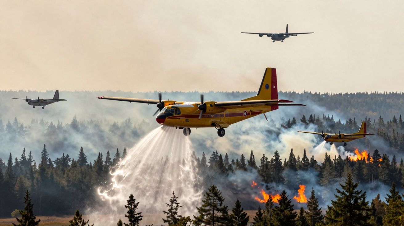 Aviões de combate a incêndio despejando água sobre floresta em chamas em dia de céu claro.