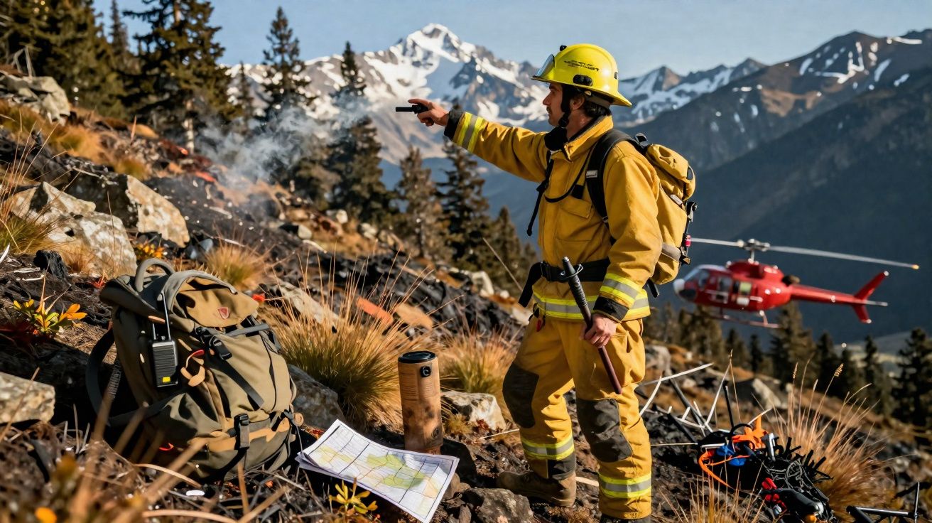 Bombeiro florestal em roupa amarela aponta com rádio, com mochila, mapa e helicóptero à montanha ao fundo.