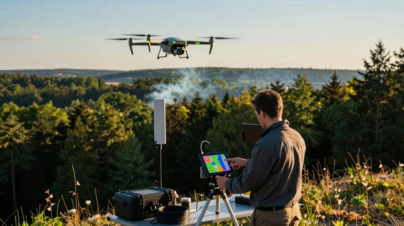 Homem operando drone com controle e tablet em área externa com árvores ao fundo durante o dia.