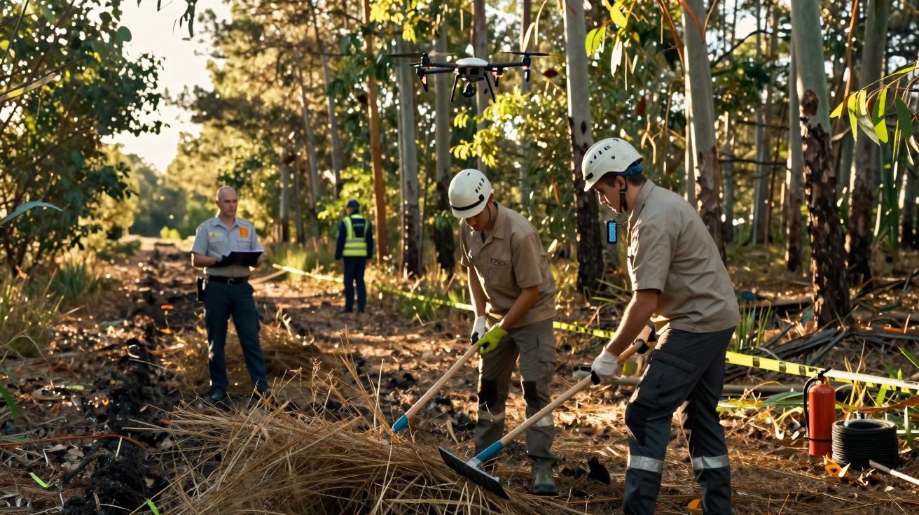 Dois trabalhadores com capacetes mexem em galhos secos em área rural enquanto outros observam e um drone sobrevoa.
