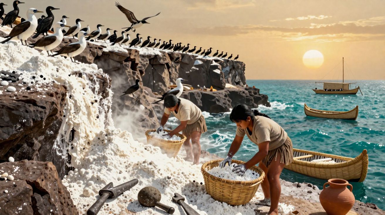 Indígenas coletam sal marinho em cestos na costa rochosa, com aves e barcos ao pôr do sol.