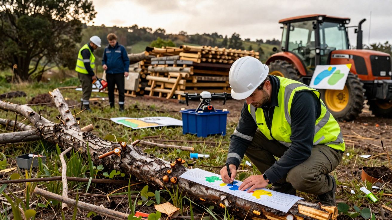 Homem com capacete e colete escrevendo em papel em tronco num campo com tratores e outras pessoas ao fundo.