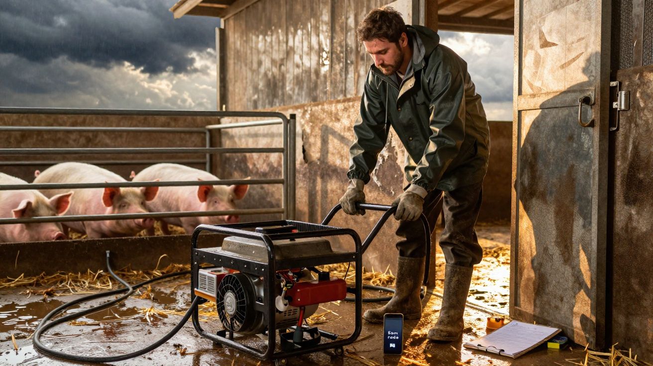 Homem usando roupas impermeáveis manobrando gerador em chiqueiro com três porcos ao fundo.