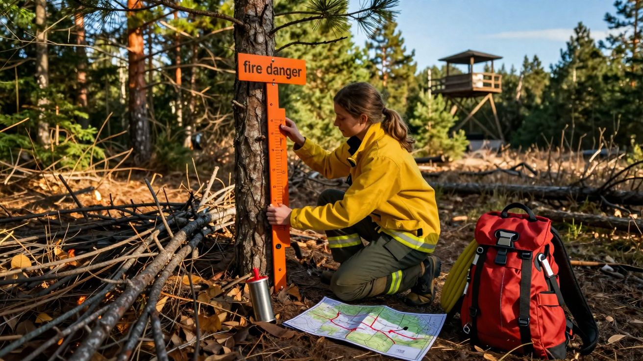 Mulher de jaqueta amarela ajusta marcador laranja de risco de incêndio em árvore na floresta seca.