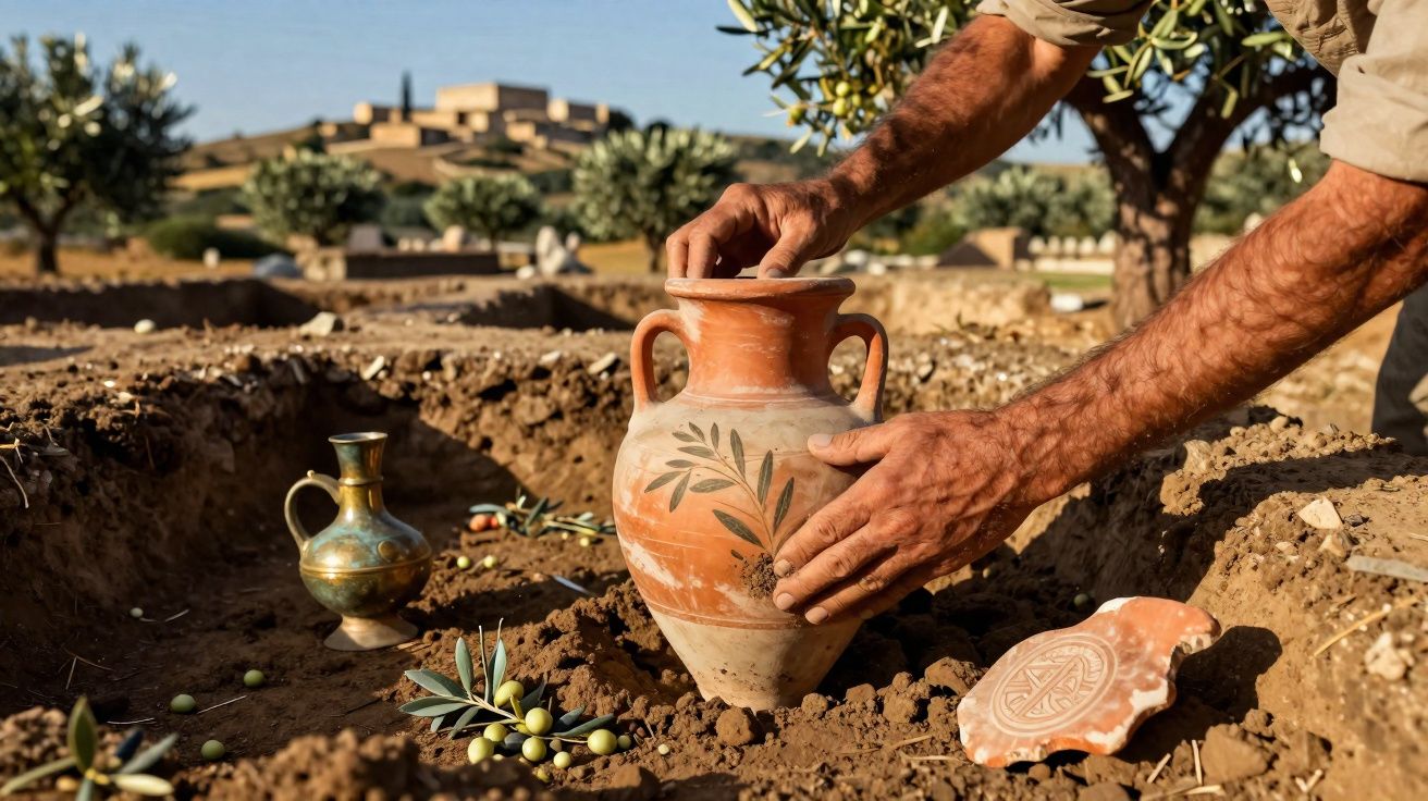 Mãos de homem enterrando ânfora decorada em cova, com azeitonas e árvore ao fundo em campo ensolarado.