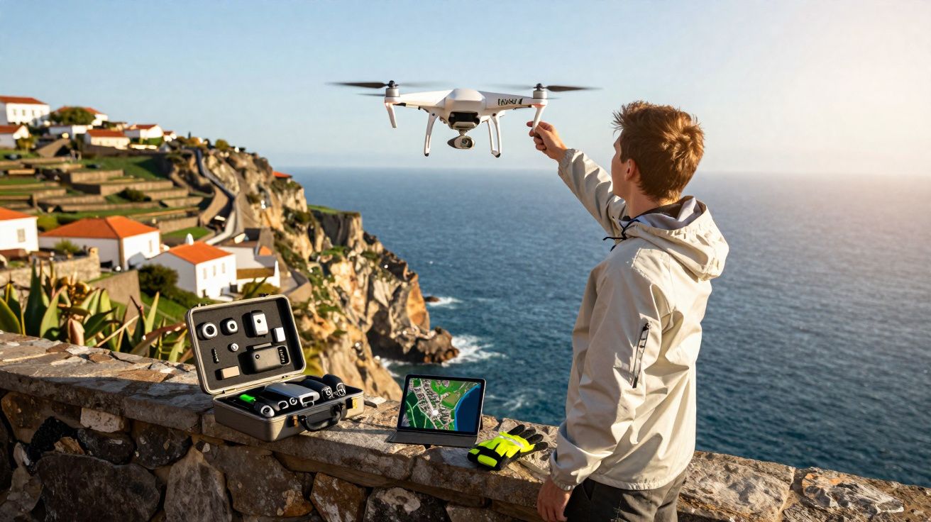 Homem operando drone perto de penhasco com vista para o mar e equipamento sobre muro de pedra.