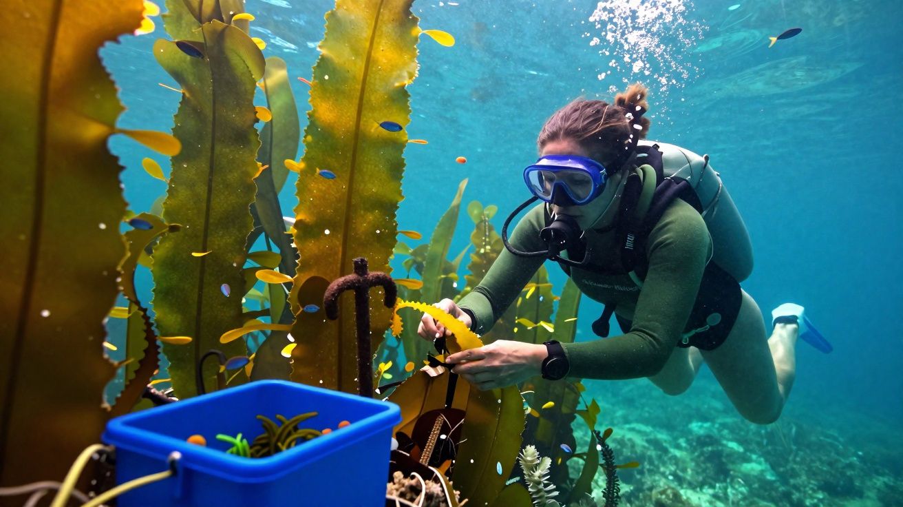 Mergulhadora coletando objetos em floresta marinha subaquática com peixes pequenos ao redor.
