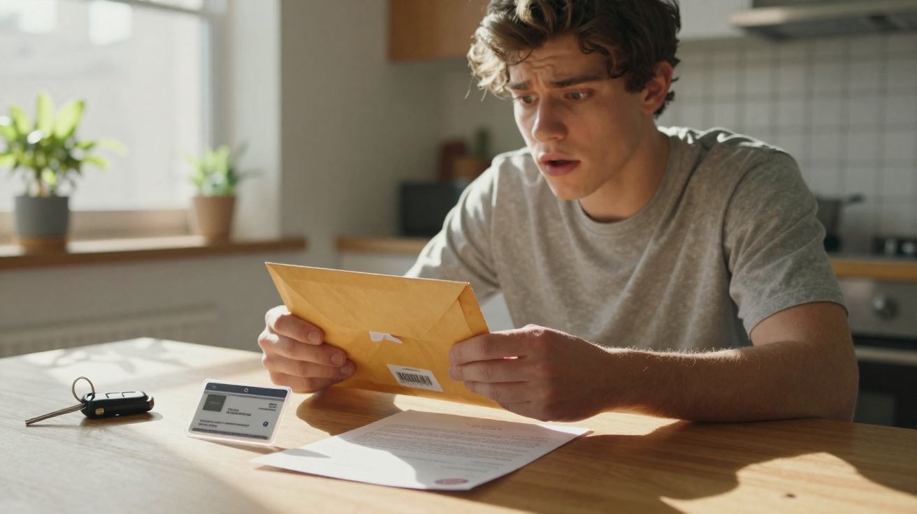 Jovem assustado lendo carta em envelope marrom em mesa de madeira na cozinha iluminada.