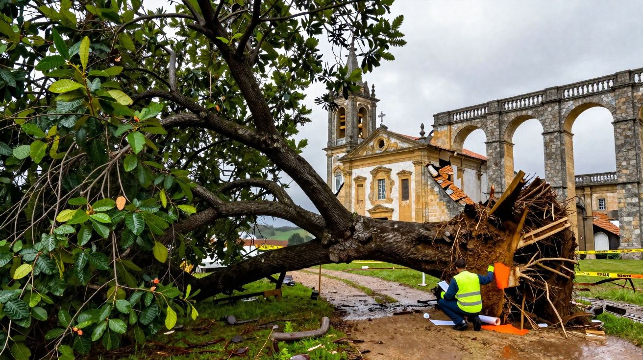 Árvore caída com raiz exposta em frente a igreja histórica e aqueduto em dia nublado.