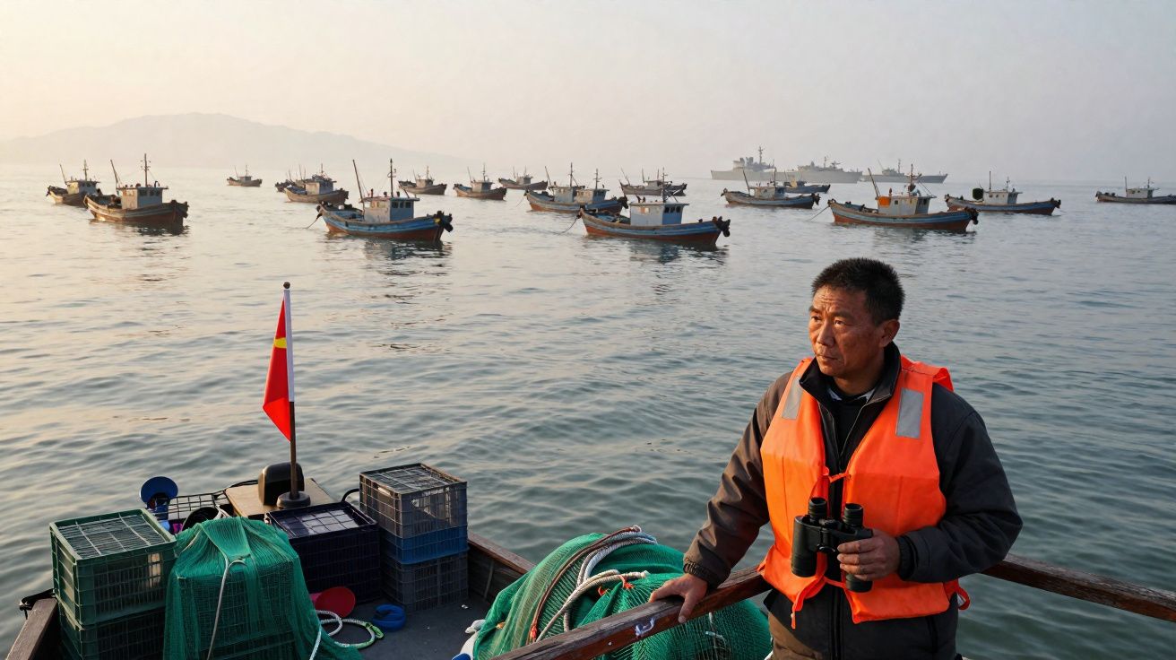 Homem com colete laranja em barco com binóculos observa várias embarcações de pesca ao amanhecer.