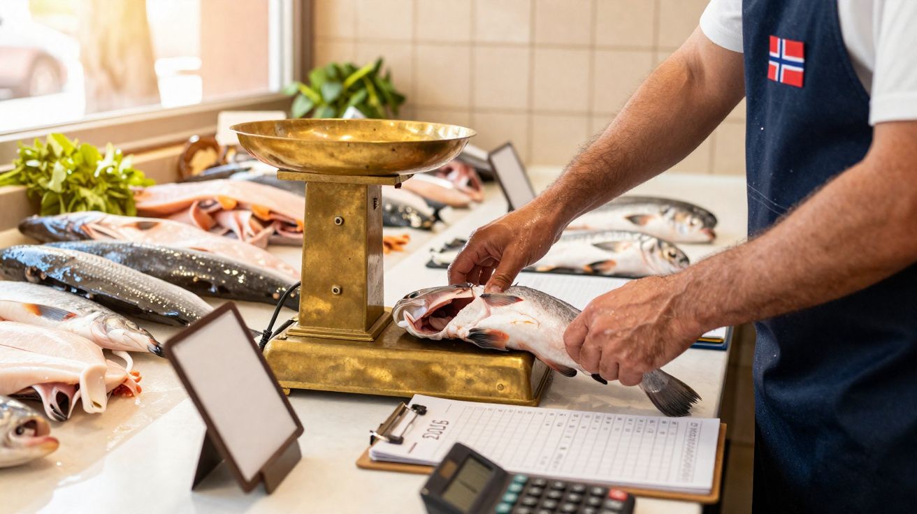 Pessoa pesando peixe em balança antiga de mercado com peixes frescos em bancada clara.