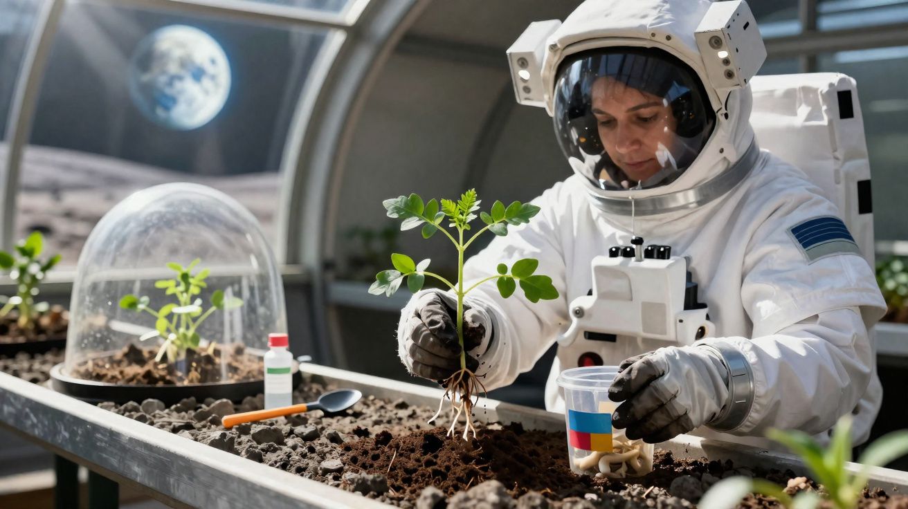 Astronauta cuidando de planta em ambiente de cultivo espacial simulado com vista da Terra.