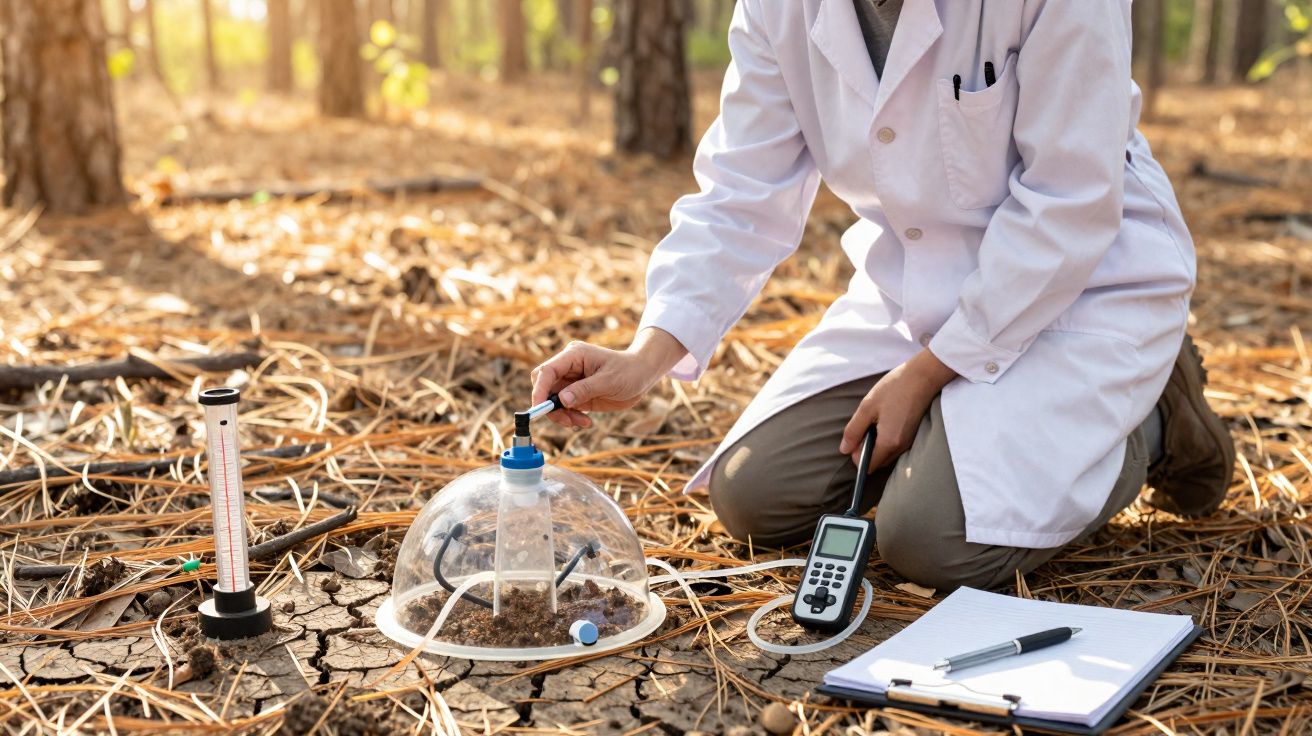 Cientista com jaleco analisando solo seco em campo com instrumentos de medição ambiental e prancheta.