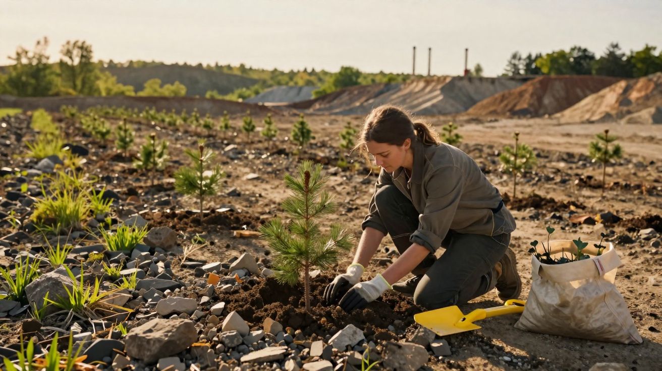 Mulher plantando árvore jovem em área rochosa, com pá amarela e saco de mudas ao lado during o pôr do sol.