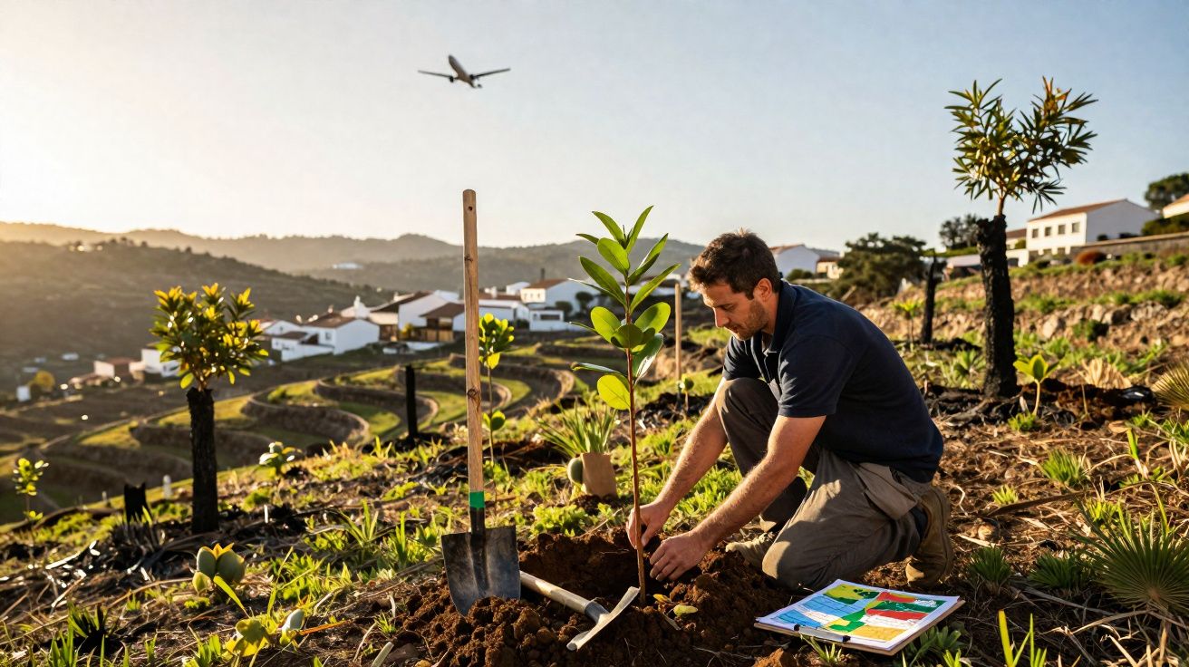 Homem planta muda de árvore em terreno com colinas ao fundo e avião no céu ao entardecer.
