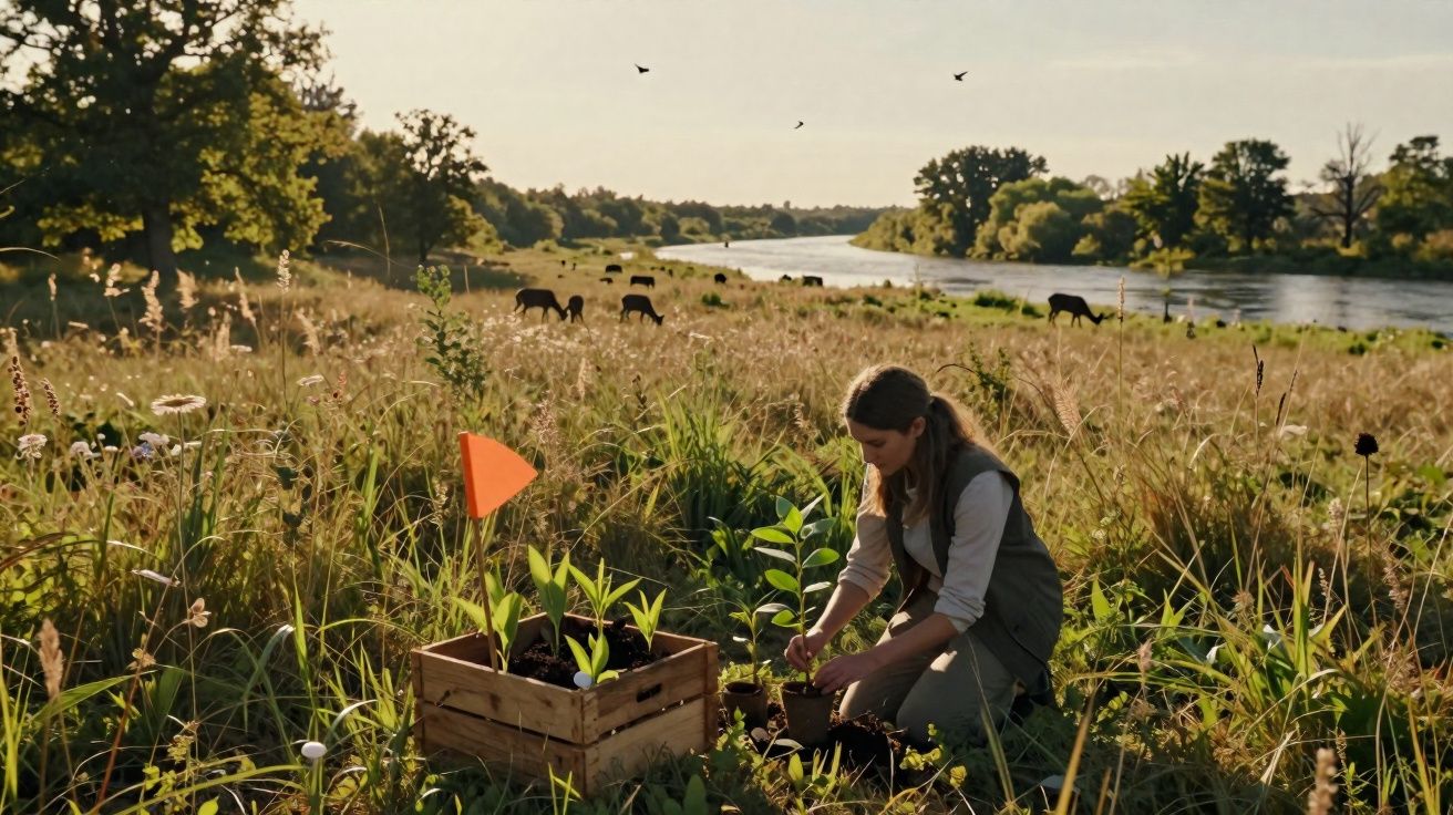 Mulher plantando mudas em campo aberto próximo a rio com vacas pastando ao fundo ao entardecer.