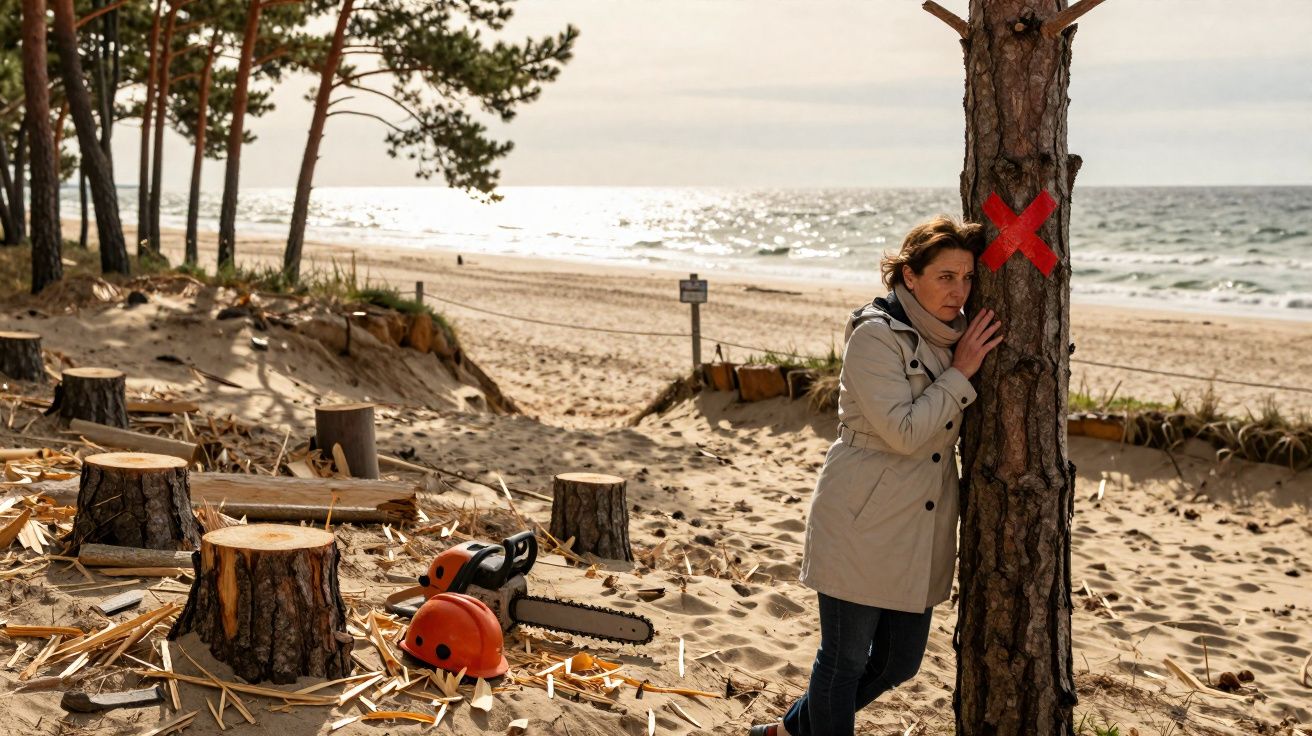 Mulher abraçando árvore marcada com X vermelho em área de praia com troncos cortados e motosserra no chão.