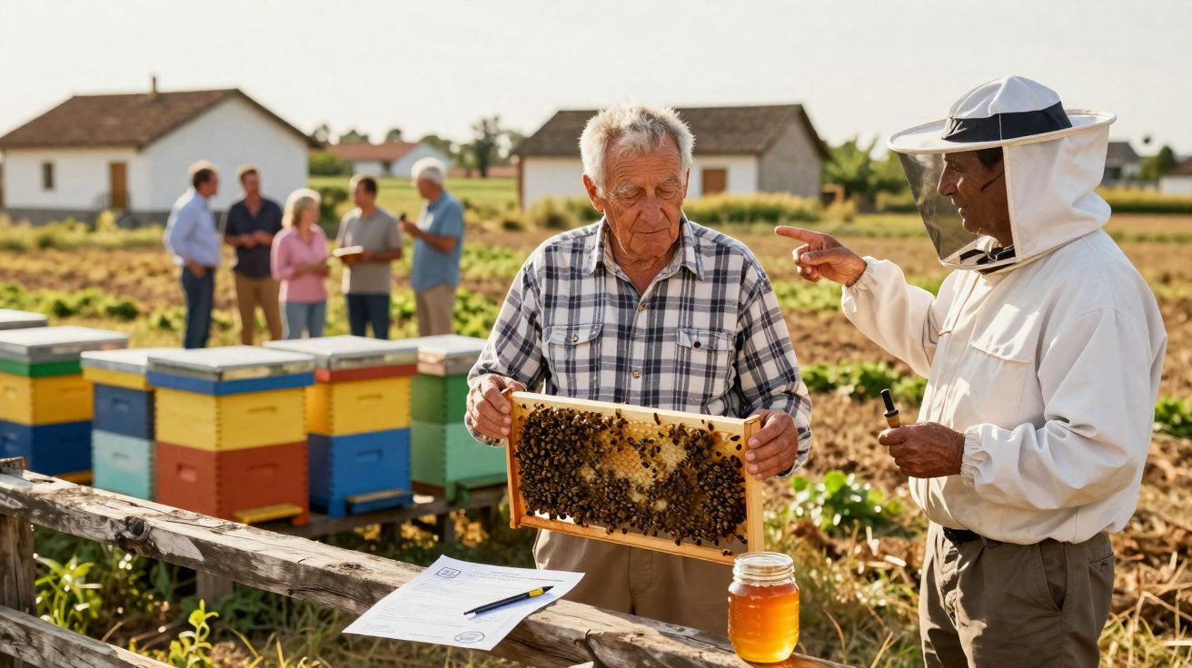 Apicultores analisam quadro de abelhas e mel em colmeias coloridas ao ar livre numa fazenda.