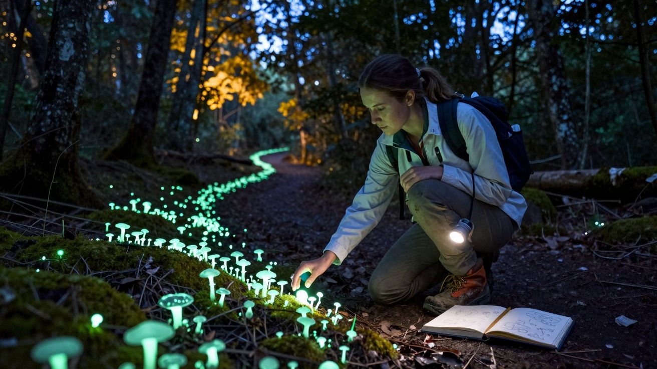 Mulher com mochila e lanterna observa cogumelos bioluminescentes brilhando no chão de uma floresta à noite.