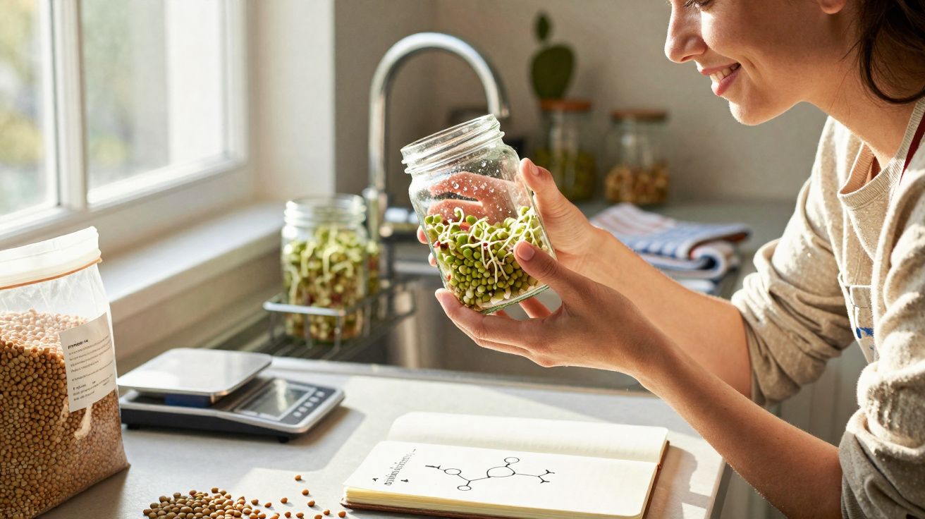 Pessoa segurando pote com brotos verdes em cozinha iluminada, ao lado de caderno e sementeira.