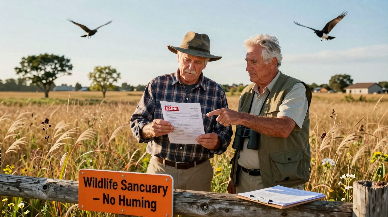 Dois homens idosos em área de preservação analisam documentos enquanto pássaros voam ao fundo.