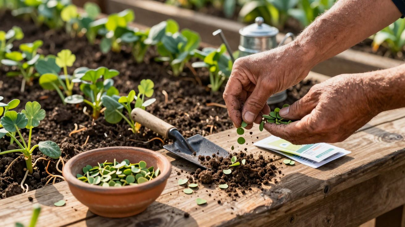 Mãos de pessoa plantando sementes em vaso de barro, com terra e mudas em canteiro de madeira.