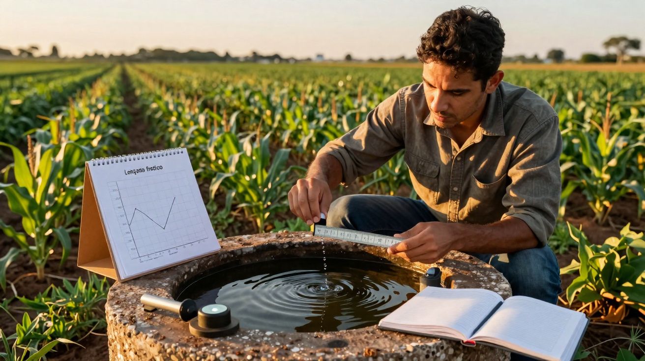 Agricultor medindo a umidade da água em reservatório cercado por plantação de milho ao entardecer.