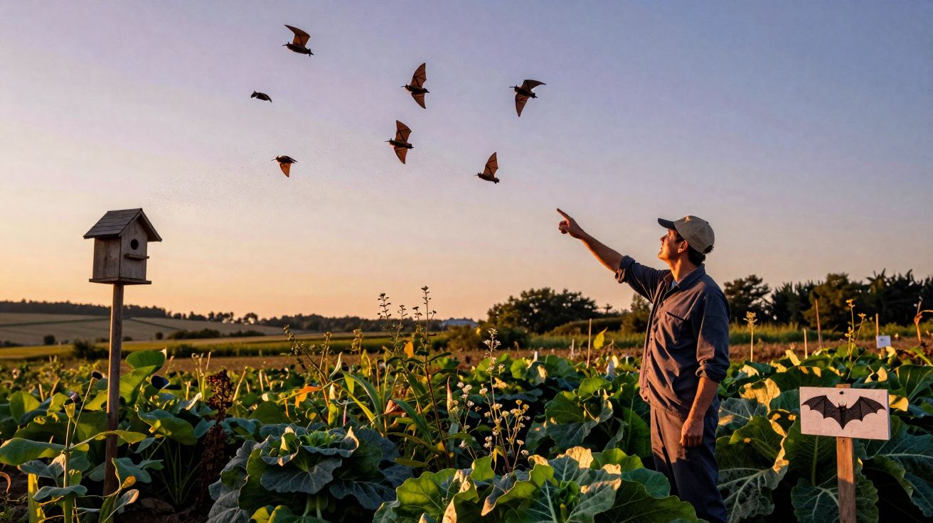 Homem aponta para morcegos voando ao pôr do sol em plantação com casa de morcego e placa ilustrativa.