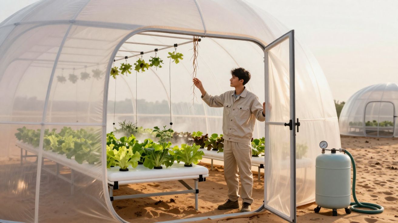 Homem em estufa cuidando de plantas cultivadas em sistema hidropônico em ambiente desértico.