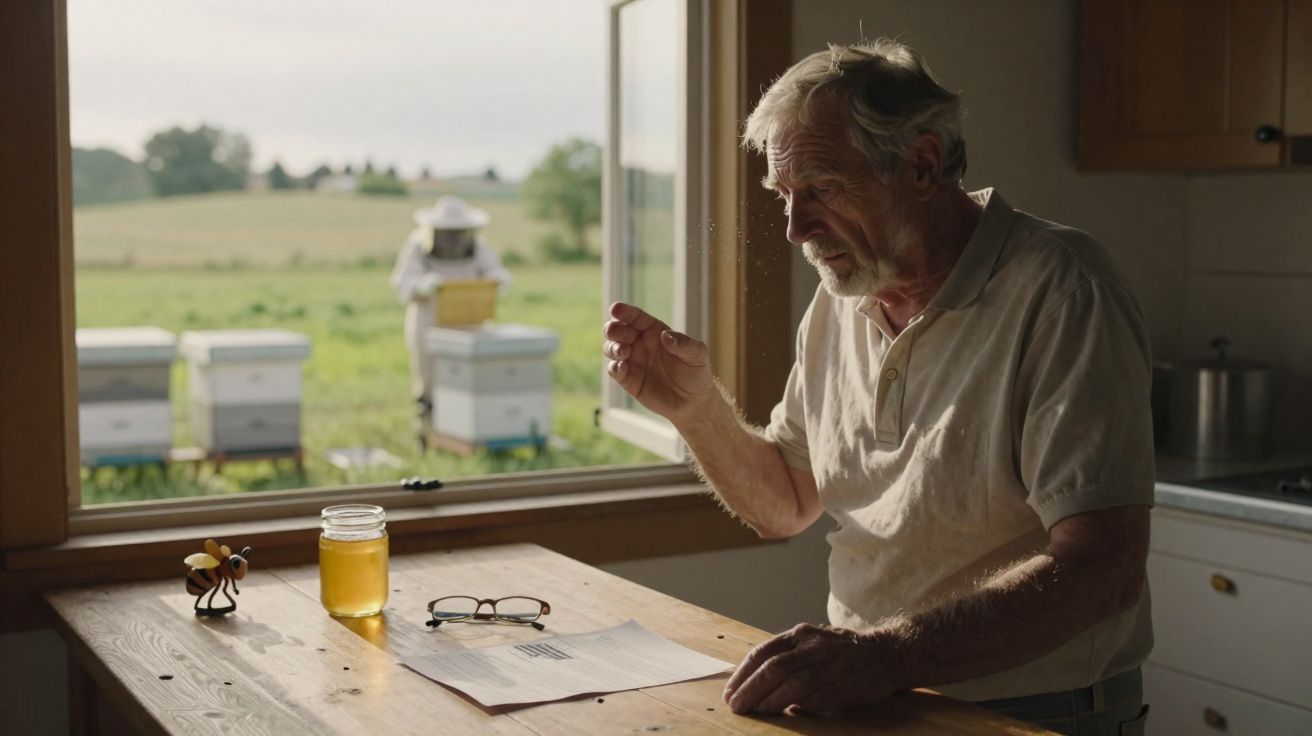 Homem idoso sentado à mesa com pote de mel e colmeias vistas pela janela ao fundo.