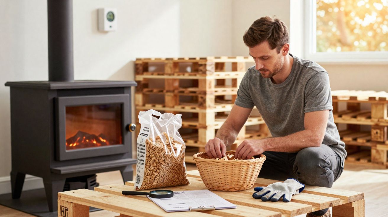 Homem organizando pellets de madeira em cesto ao lado de lareira e pilhas de pallets em ambiente claro.