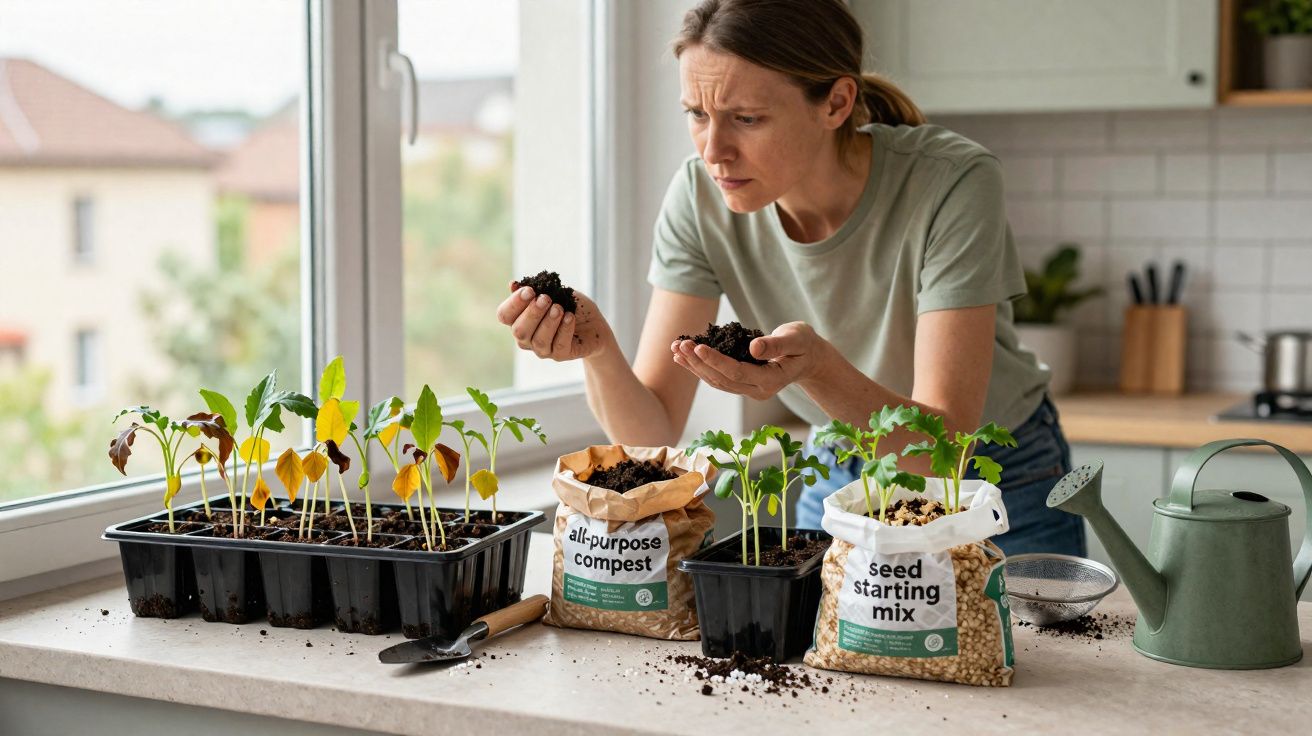 Mulher examinando terra para plantas na cozinha com mudas, terra solta e regador sobre bancada.