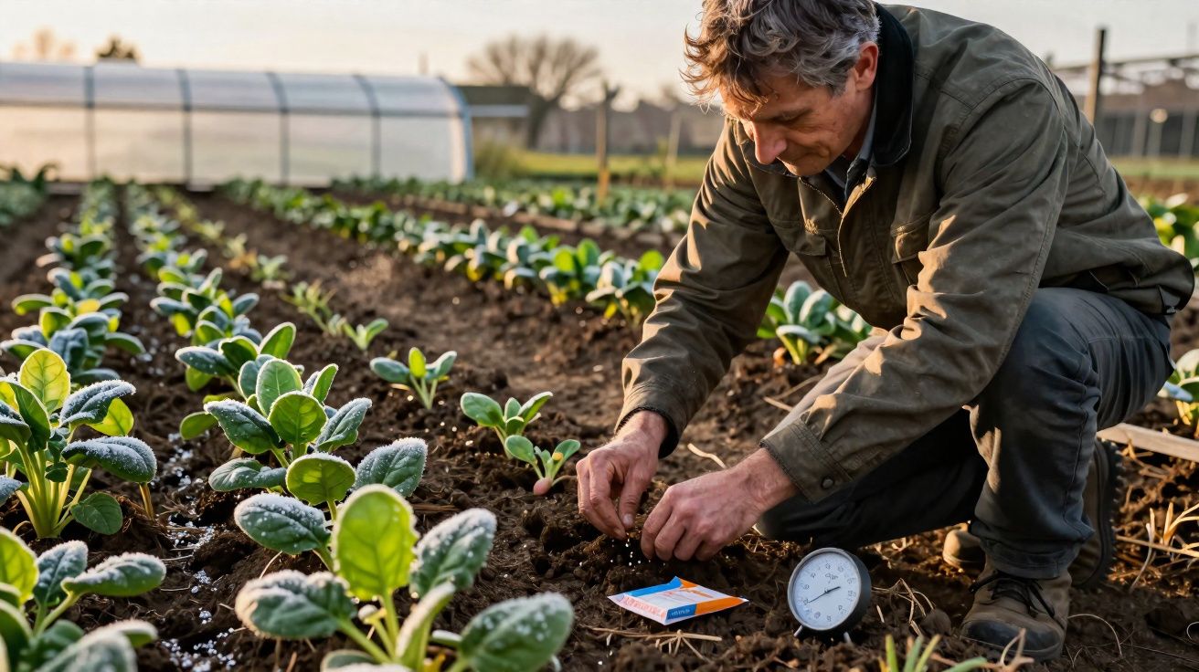 Homem plantando sementes em canteiro de horta ao ar livre durante o dia.
