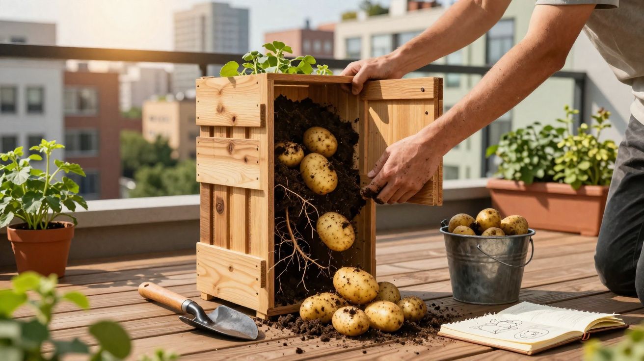 Pessoa colhendo batatas em caixa de madeira com terra em varanda de apartamento ensolarada.