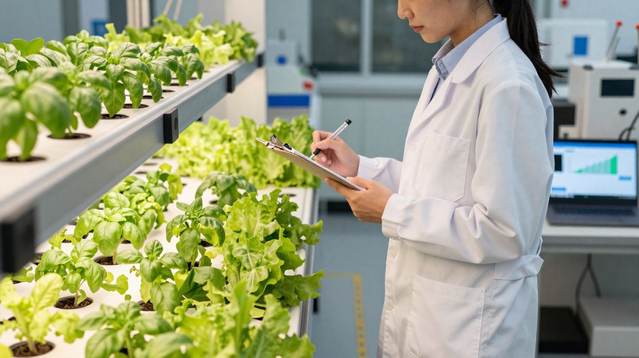 Pesquisadora em jaleco branco verifica plantas em cultivo hidropônico com prancheta em laboratório moderno.