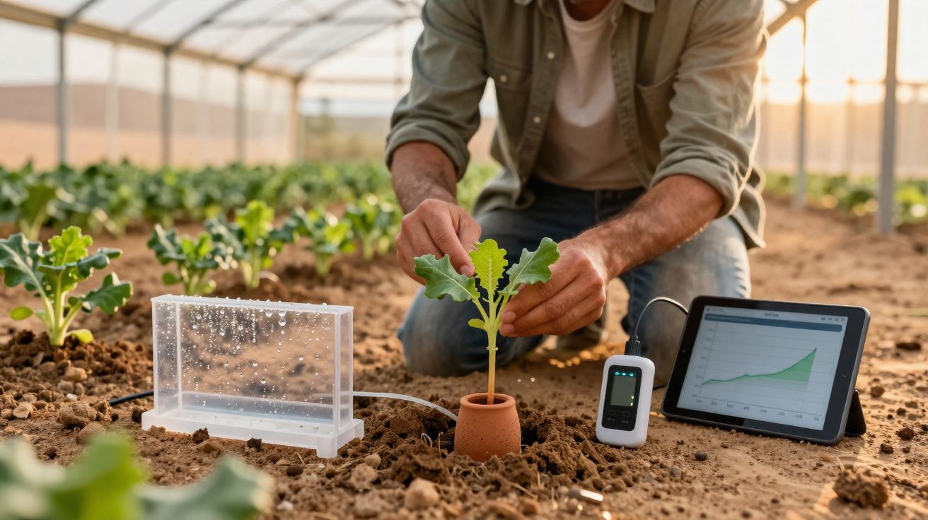 Agricultor usando tecnologia para monitorar planta em estufa com dispositivos eletrônicos e tablet mostrando gráfico.