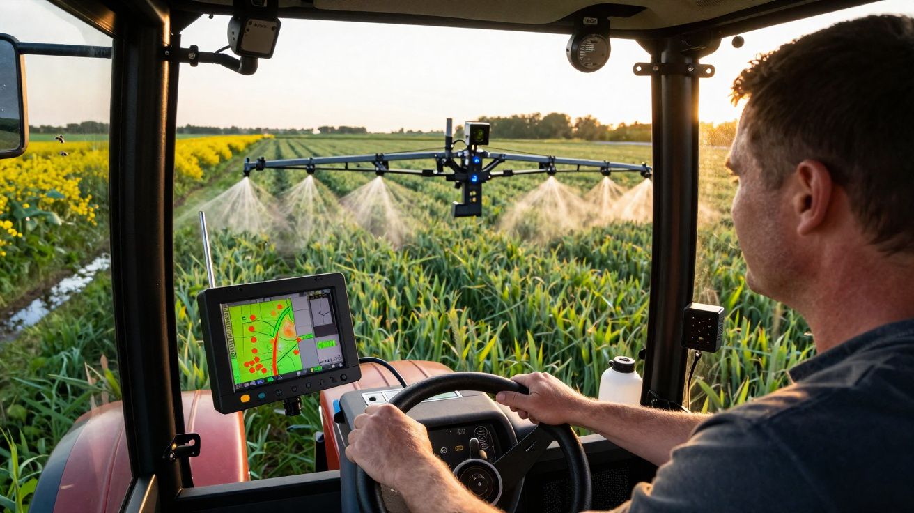 Homem dirige trator com tecnologia avançada para pulverizar lavoura durante o pôr do sol.
