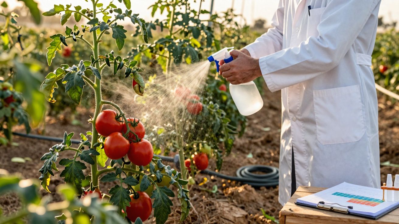Pessoa com jaleco branco pulverizando tomateiros maduros em estufa agrícola ao amanhecer.