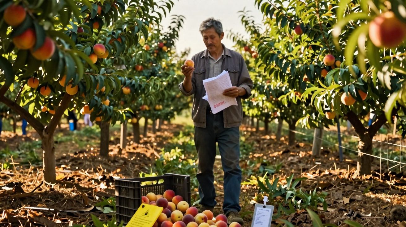 Homem inspeciona pêssegos colhidos em pomar, segurando fruto e folhas de papel.