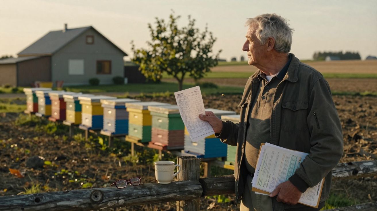 Idoso olhando para colmeias coloridas em uma fazenda durante o pôr do sol com documentos na mão.