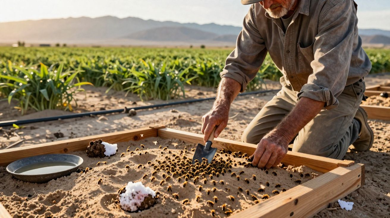 Homem idoso escava ninho de abelhas no deserto com plantações e montanhas ao fundo.