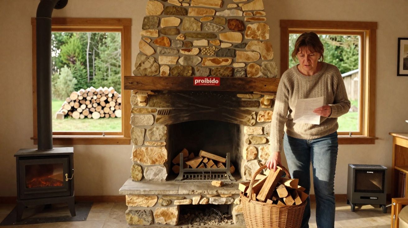 Mulher lendo papel ao lado de lareira de pedra com cesta de lenha em sala iluminada por janelas.